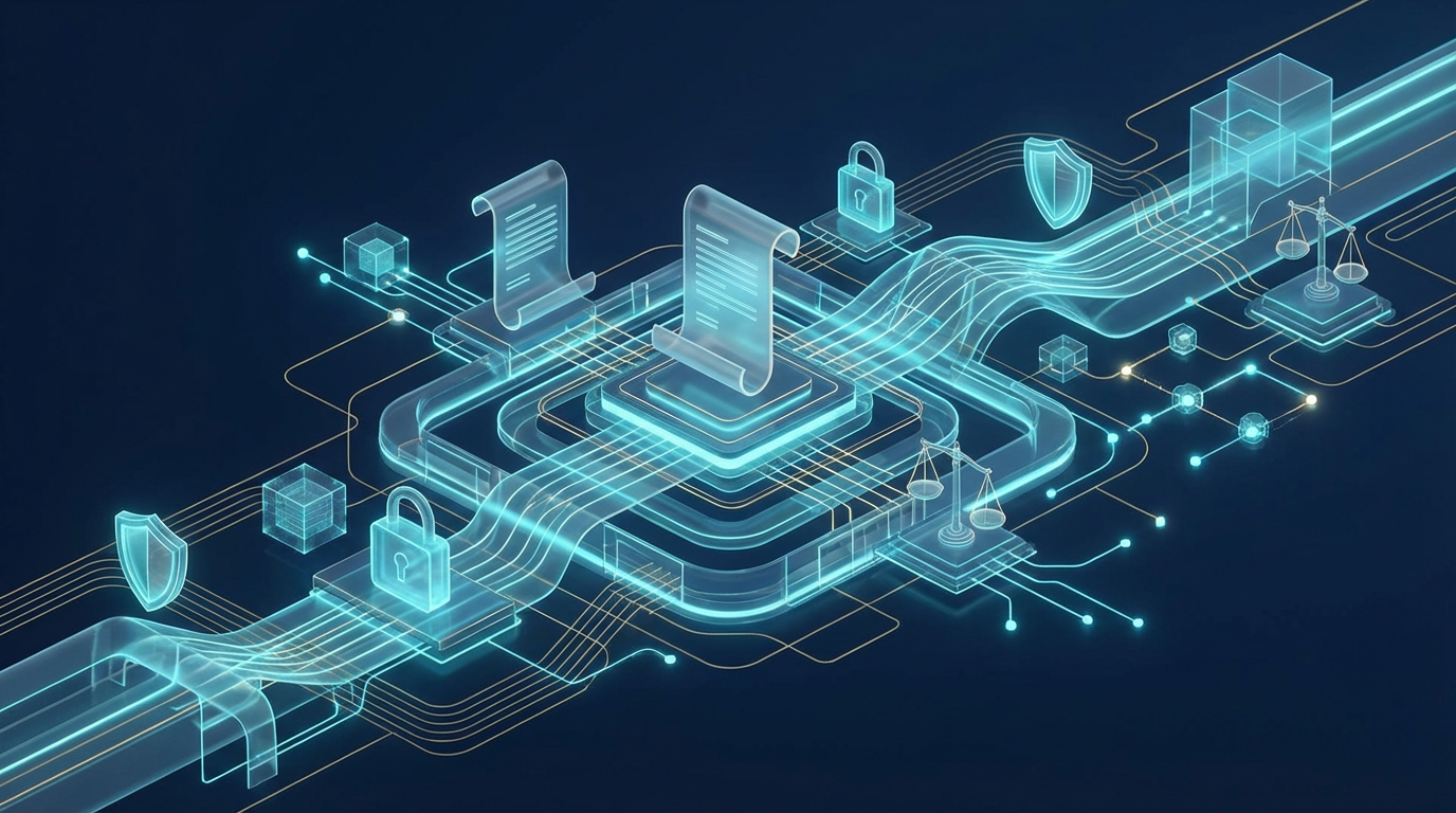 Abstract legal-tech visual with digital documents, security, and platform infrastructure